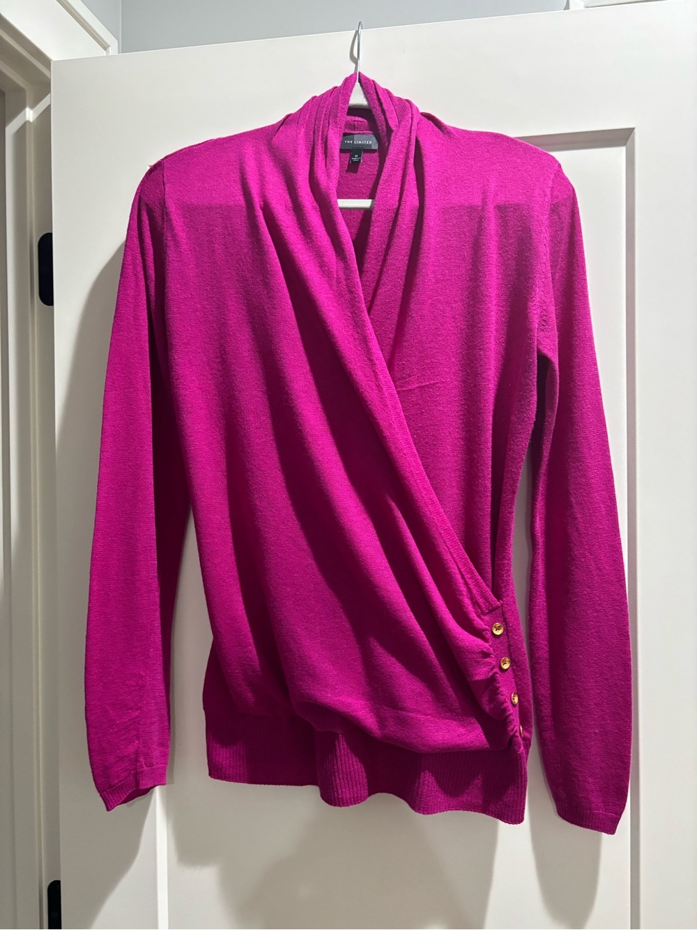 The Limited Fuchsia Wrap Cardigan with Gold Buttons